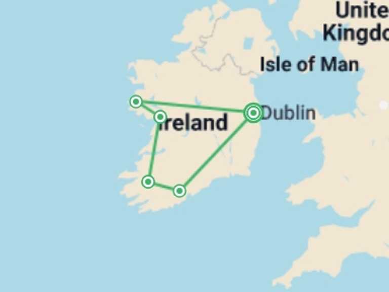 Map itinerary of Europe Tour in May 2026 with 5 destination visits for the trip: Ireland's Icons - Premium