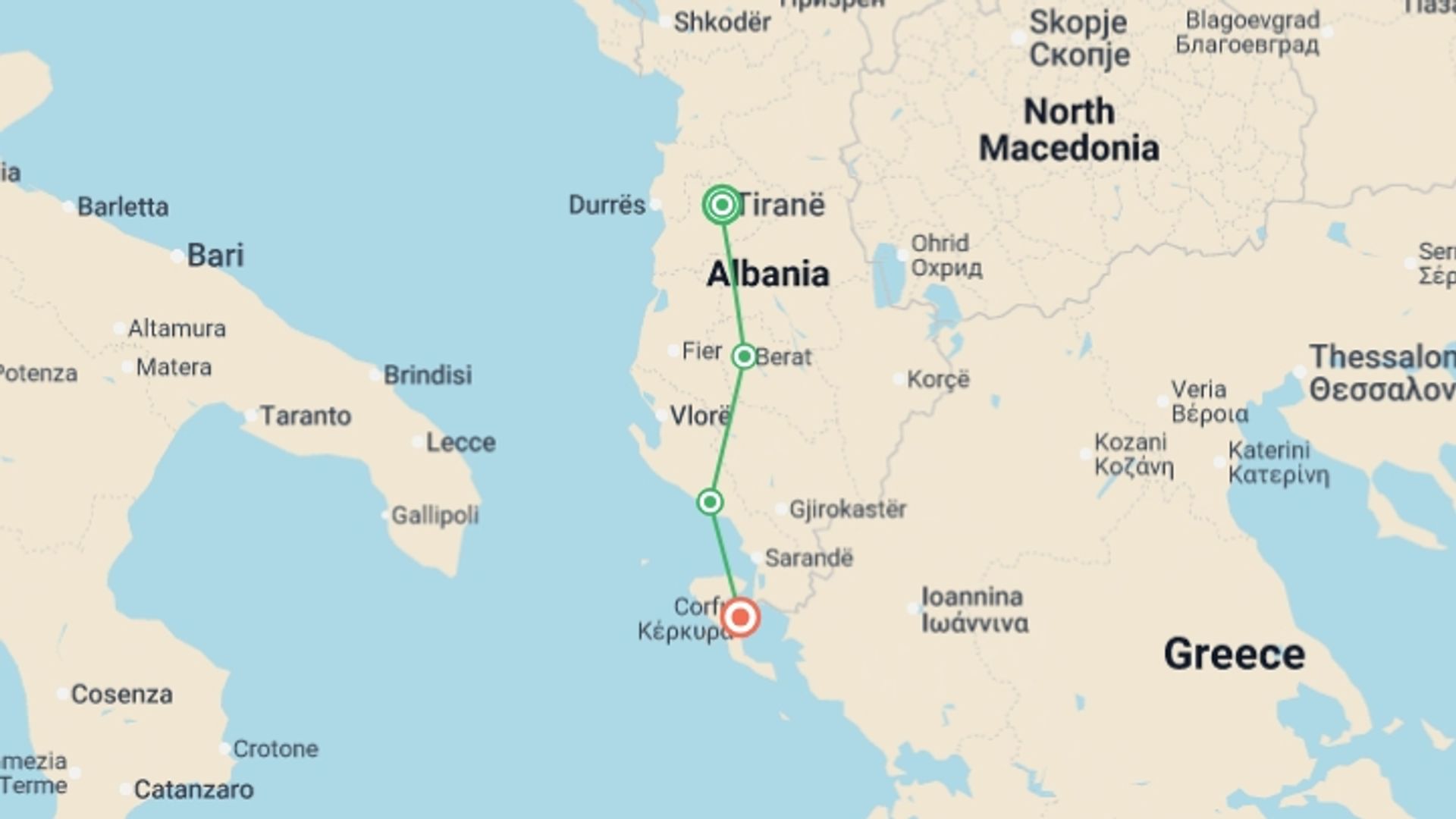 A map showing the tour itinerary for the trip: Tirana to Corfu:  Ancient Towns & the Albanian Riviera, starting in Tirana, Albania and ending in Corfu, Greece going through 2 other destinations.