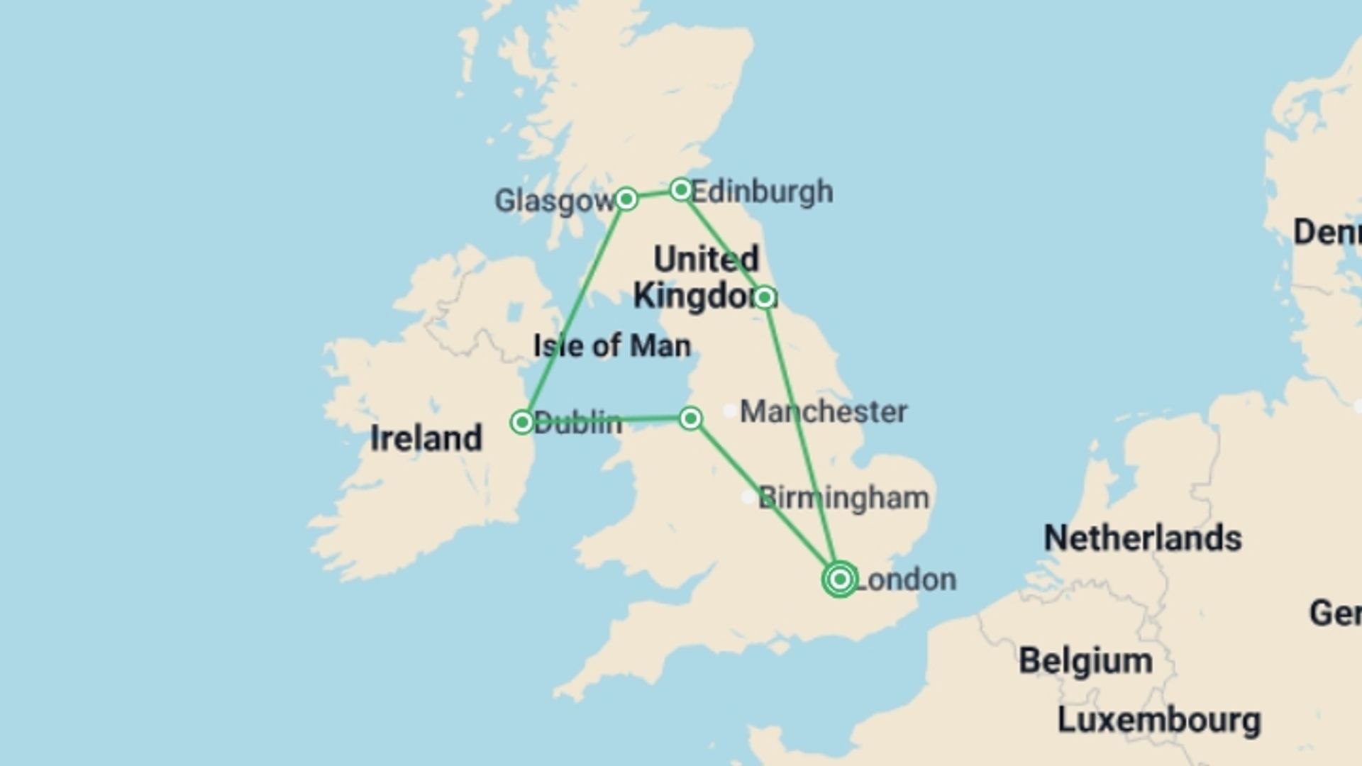 A map showing the tour itinerary for the trip: United Kingdom and Ireland, starting in London, England and ending in London, England going through 5 other destinations.
