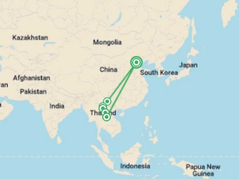 Map of East Asia Active and outdoor Tour with 6 destination visits for the trip: From Imperial Majesty To Lush Landscapes: Beijing To Laos Exploration Tour