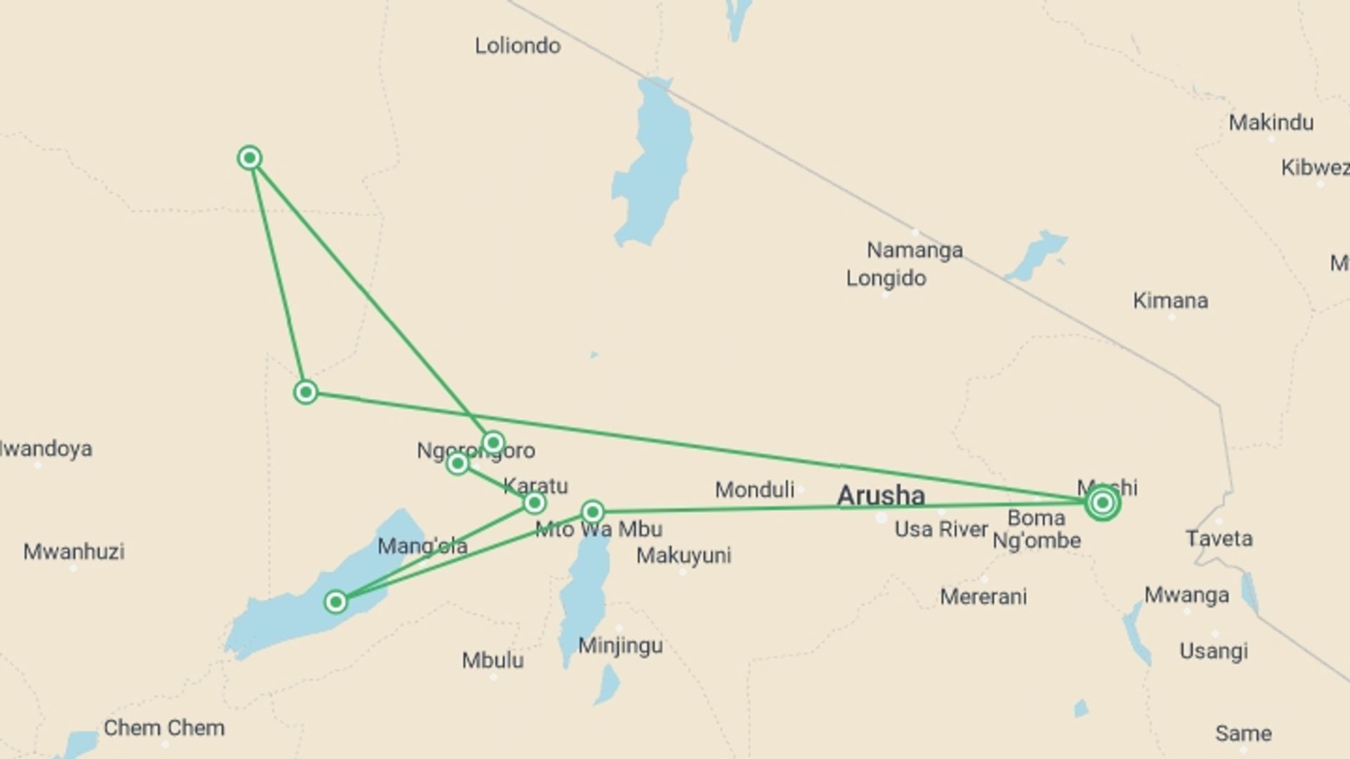 A map showing the tour itinerary for the trip: 10 Days Safari To Manyara, Serengiti, Ngorongoro & Ndutu, starting in Moshi, Tanzania and ending in Moshi, Tanzania going through 8 other destinations.