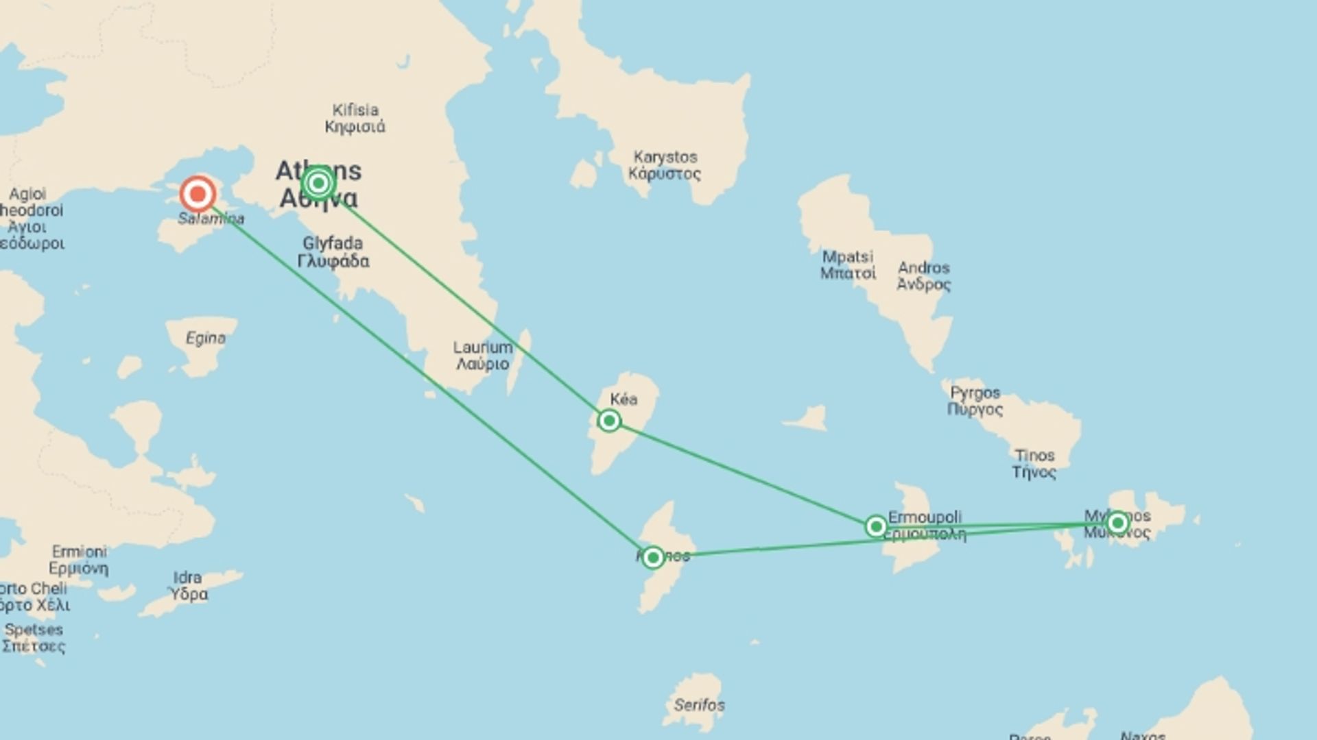 A map showing the tour itinerary for the trip: Mykonos Gulet Cruise, starting in Athens, Greece and ending in Greece going through 4 other destinations.