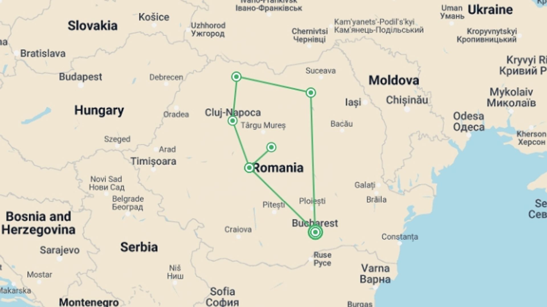 A map showing the tour itinerary for the trip: Unesco Heritage Tour: Romania, starting in Bucharest, Romania and ending in Bucharest, Romania going through 7 other destinations.