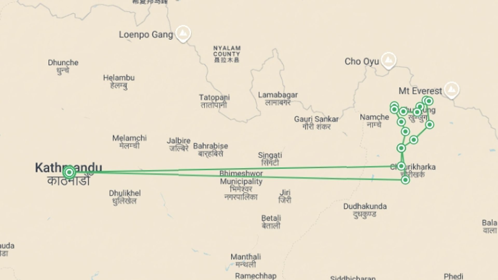 A map showing the tour itinerary for the trip: Everest Base Camp with Gokyo Valley Trek, starting in Kathmandu, Nepal and ending in Kathmandu, Nepal going through 15 other destinations.