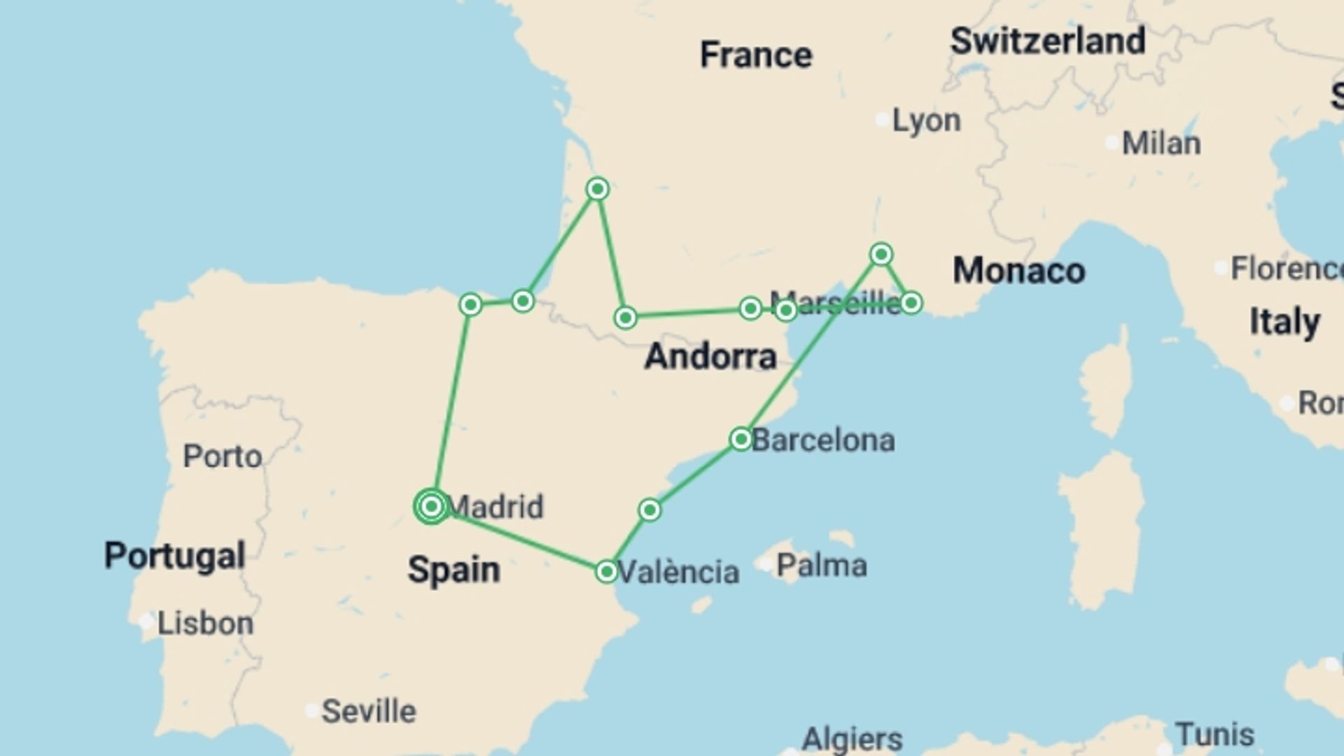A map showing the tour itinerary for the trip: Madrid, Basque Country, Lourdes, Provence and Barcelona, starting in Madrid, Spain and ending in Madrid, Spain going through 6 other destinations.