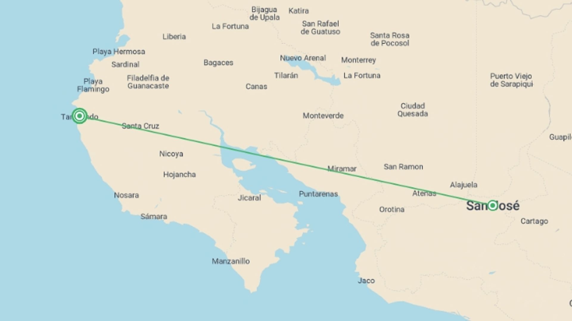 A map showing the tour itinerary for the trip: Tamarindo Beach & San José City, Short Break, starting in Tamarindo Beach, Costa Rica and ending in Tamarindo Beach, Costa Rica going through 1 other destinations.