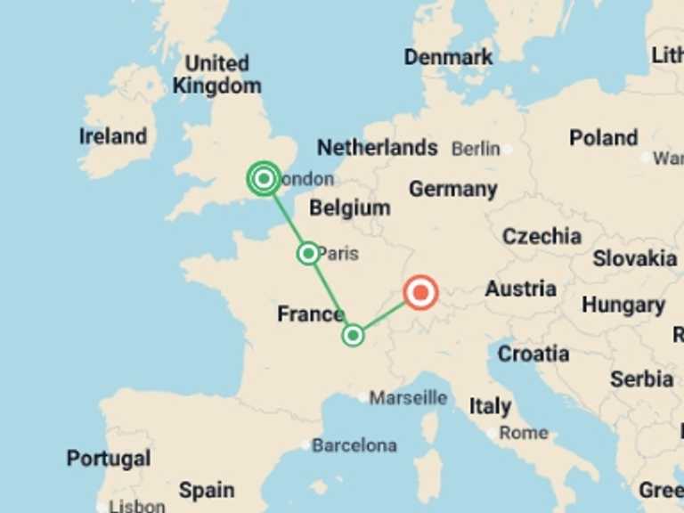 Map itinerary of London Tour in Summer with 4 destination visits for the trip: London, Paris and Zurich