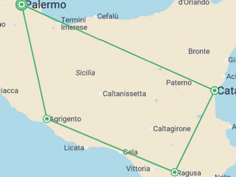 Map itinerary of Catania Tour in November 2025 with 4 destination visits for the trip: Highlights of Sicily From Palermo - 10 days