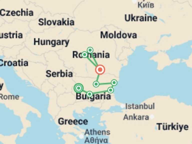 Map of Europe Tour with 8 destination visits for the trip: Bulgaria and Romania: Legendary Monasteries and Castles