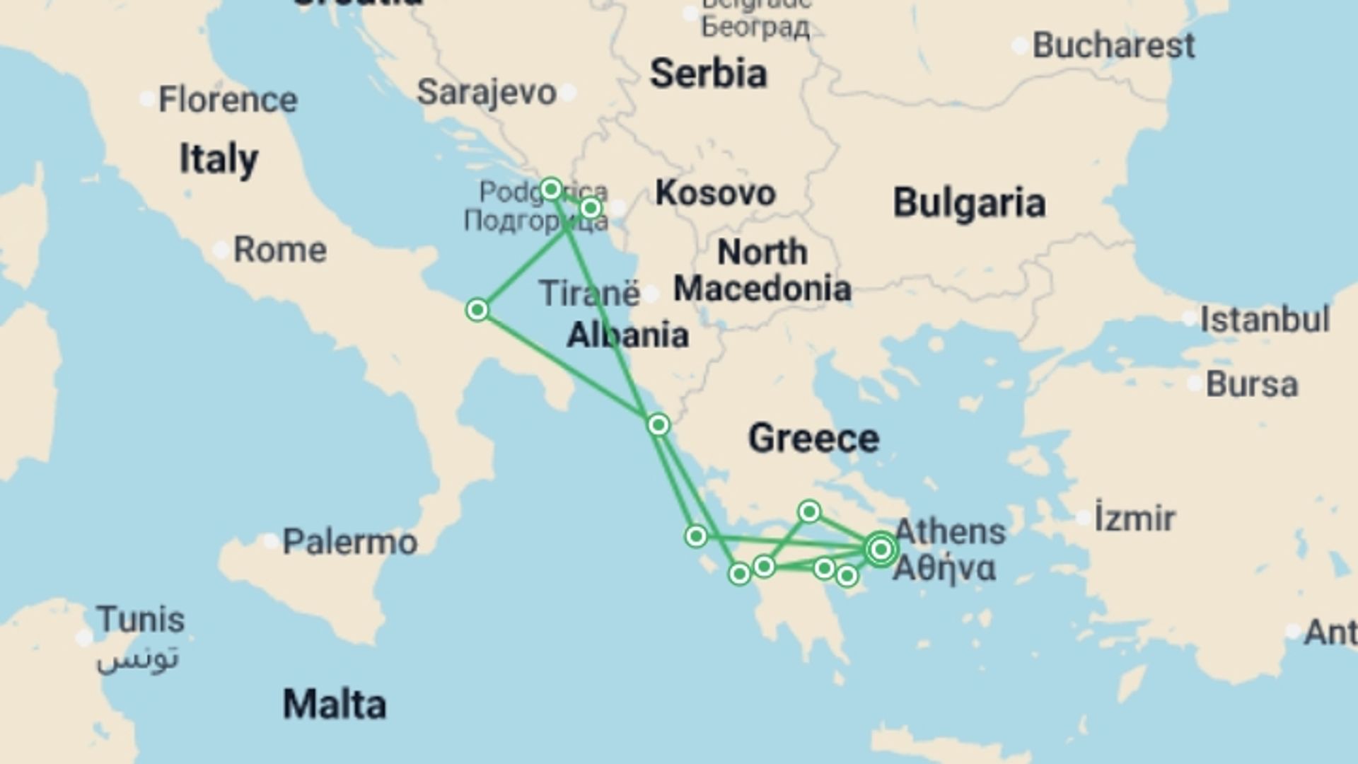 A map showing the tour itinerary for the trip: Gems of Greece & Adriatic Cruise - 13 days, starting in Athens, Greece and ending in Athens, Greece going through 8 other destinations.