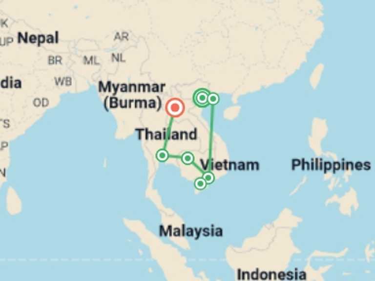 Map of Hanoi Countryside and village visits Tour with 9 destination visits for the trip: Indochina Highlights In 15 Days