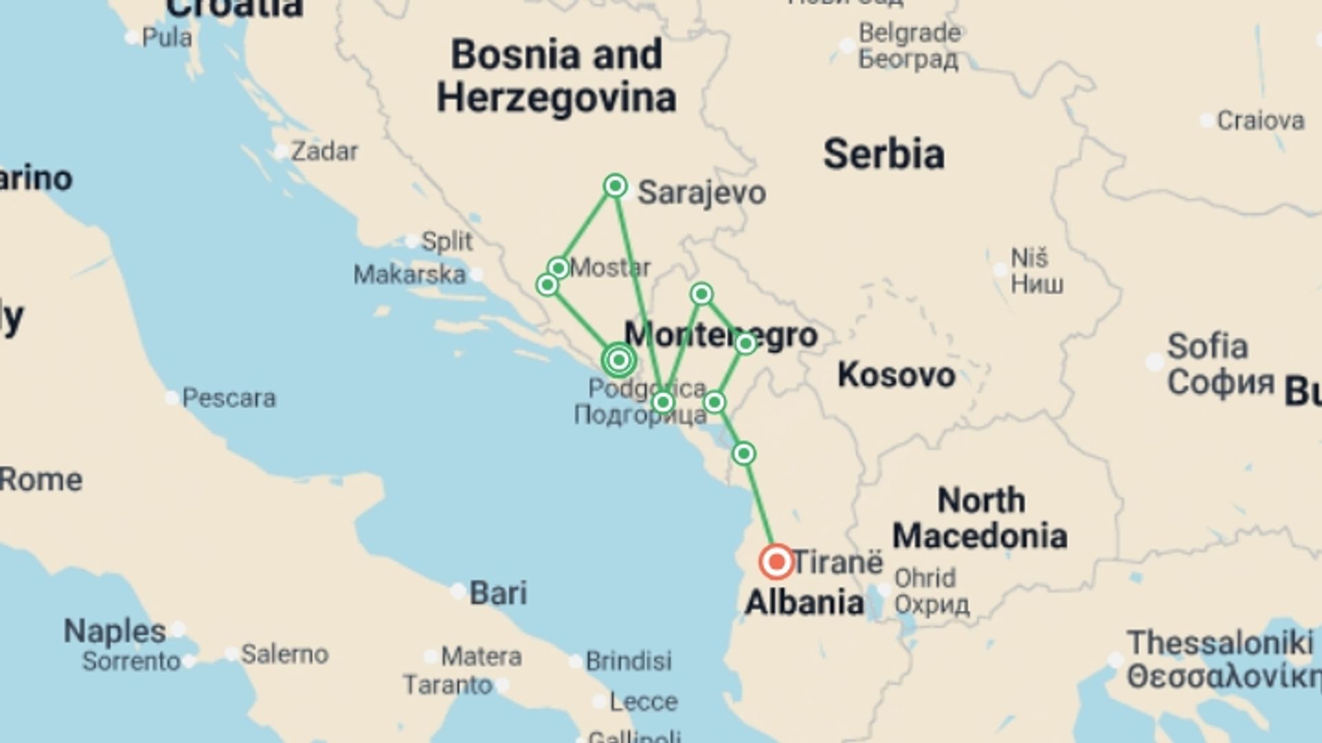 A map showing the tour itinerary for the trip: Classic Balkans: Trebinje to Tirana, starting in Trebinje, Bosnia Herzegovina and ending in Tirana, Albania going through 8 other destinations.