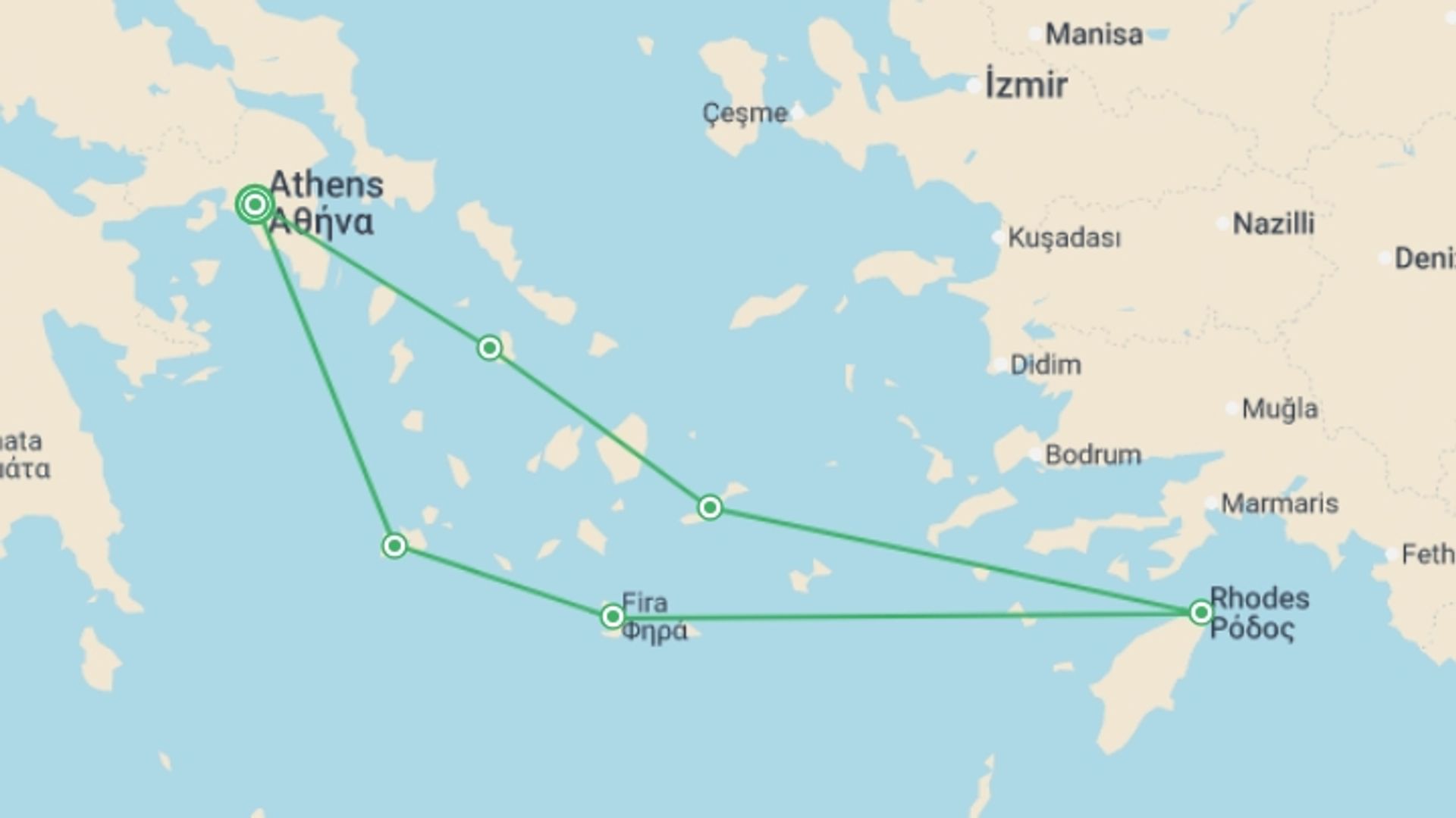 A map showing the tour itinerary for the trip: The Mysterious Cyclades and Dodecanese Islands in the Aegean Sea (port-to-port cruise), starting in Athens, Greece and ending in Athens, Greece going through 5 other destinations.