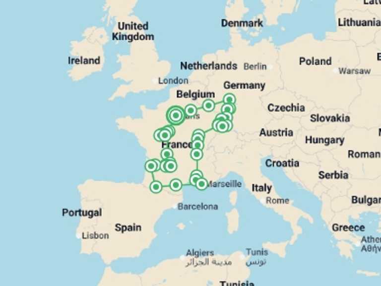 Map itinerary of France Tour in August 2026 with 12 destination visits for the trip: Enchanted France and Black Forest