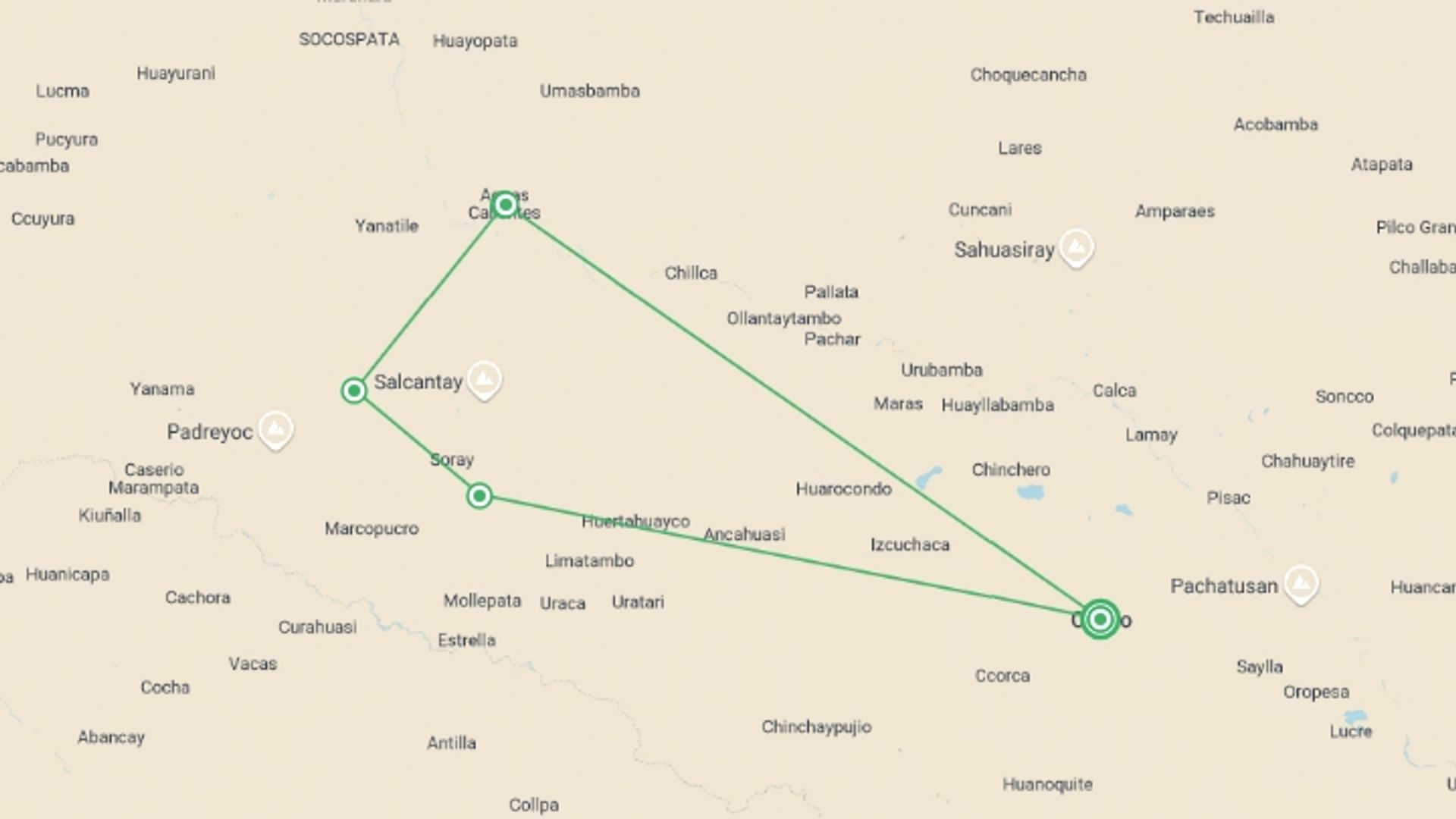 A map showing the tour itinerary for the trip: Salkantay Trek to Machu Picchu 5D/4N (Start Trek on Day 2), starting in Cusco, Peru and ending in Cusco, Peru going through 3 other destinations.