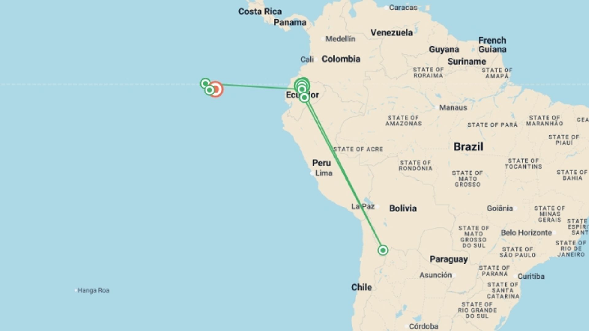 A map showing the tour itinerary for the trip: Totally Ecuador & Galapagos - 12 days, starting in Quito, Ecuador and ending in Santa Cruz, Ecuador going through 6 other destinations.