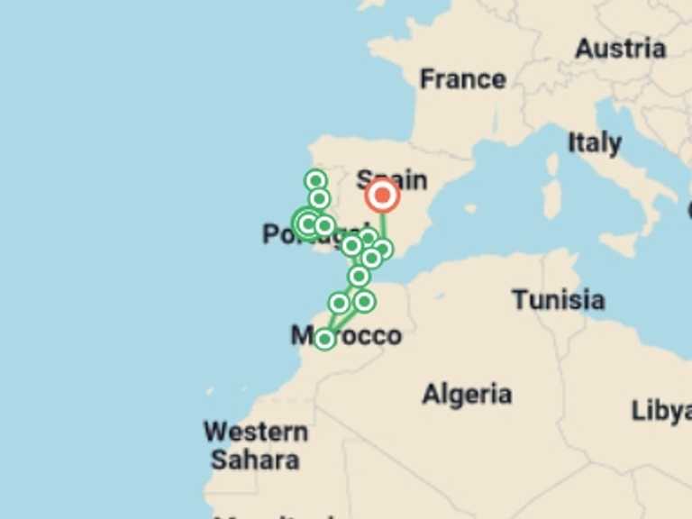 Map itinerary of Europe Tour in Spring with 13 destination visits for the trip: Lisbon to Madrid & Morocco: Small Group Journey