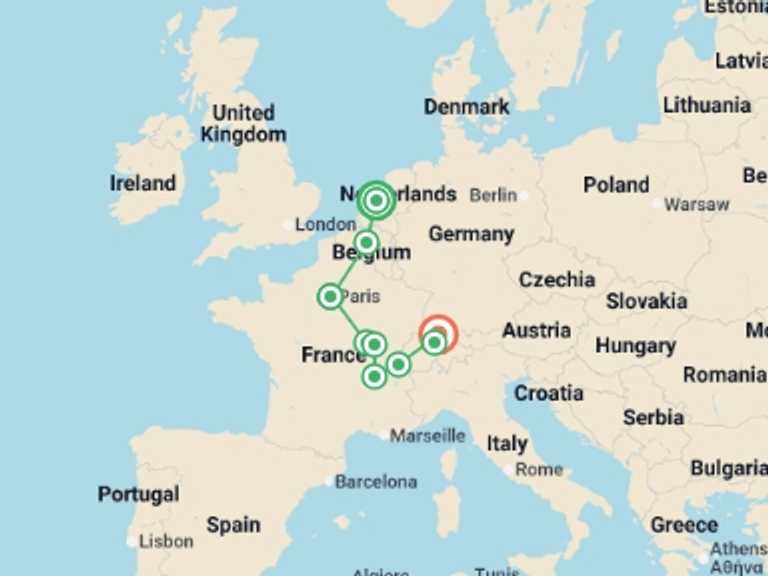 Map itinerary of Europe Tour in July 2026 with 4 destination visits for the trip: Charming Cities