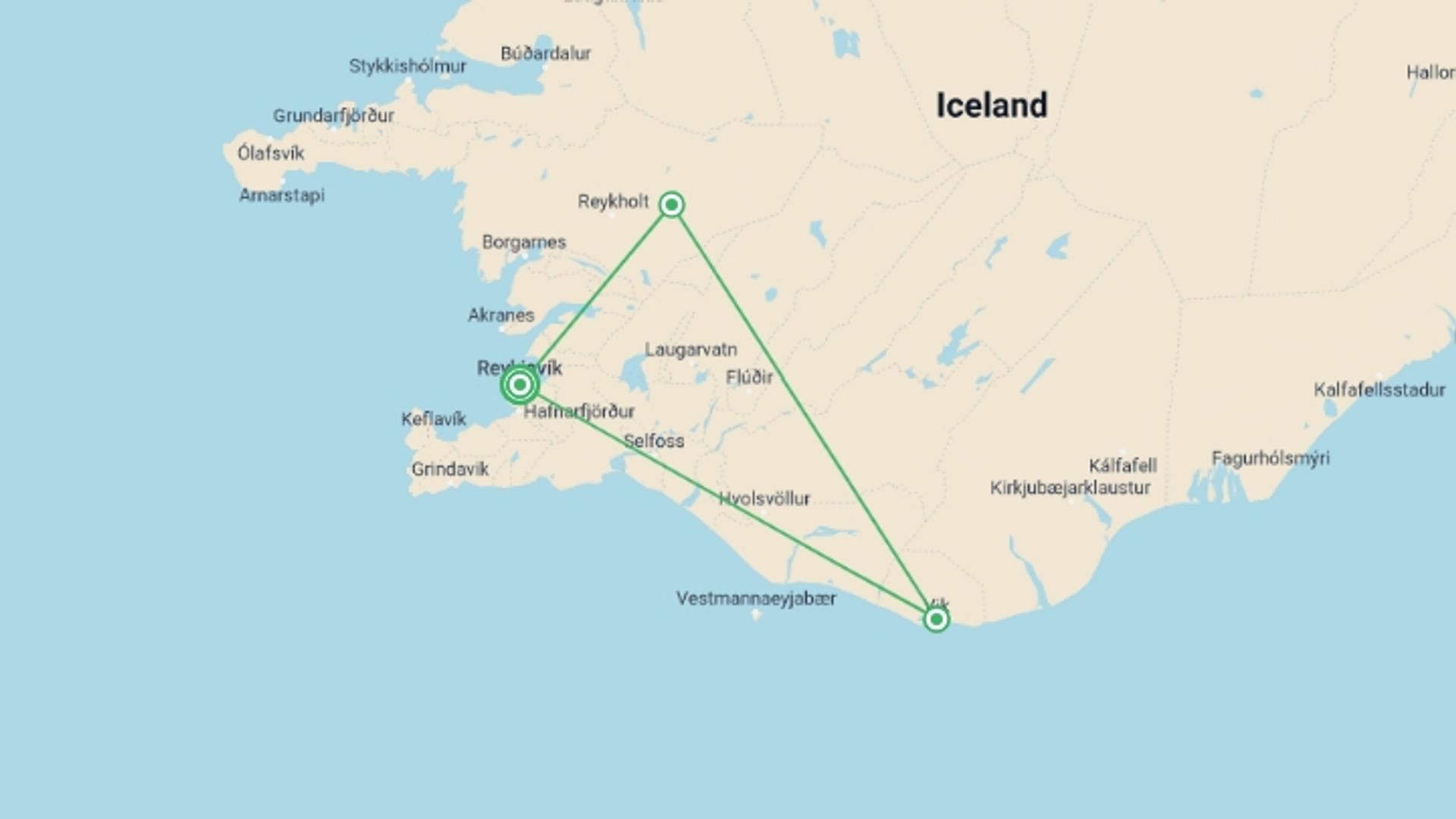 A map showing the tour itinerary for the trip: Scenic Iceland and the Northern Lights, starting in Reykjavik, Iceland and ending in Reykjavik, Iceland going through 2 other destinations.