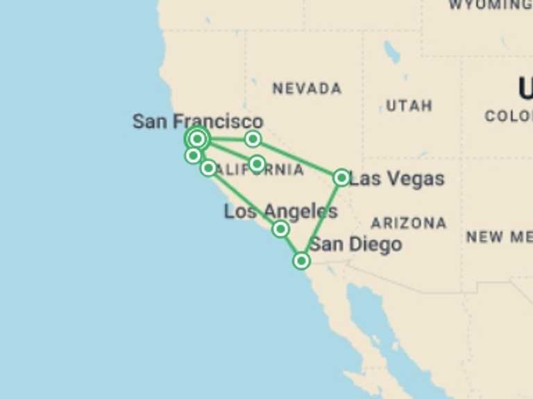 Map of Los Angeles Adventure Tour with 8 destination visits for the trip: U.S. Small Group Tour - The Best of the West