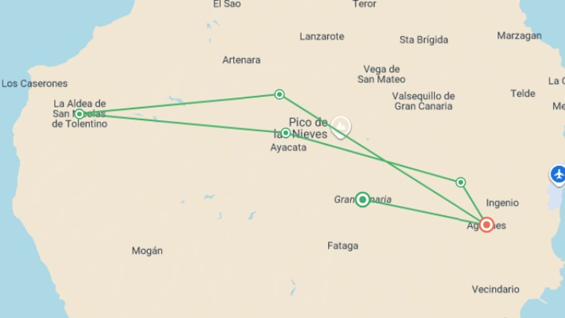 A map showing the tour itinerary for the trip: Canary Islands Walking - Gran Canaria, starting in Gran Canaria, Spain and ending in Aguimes, Spain going through 5 other destinations.