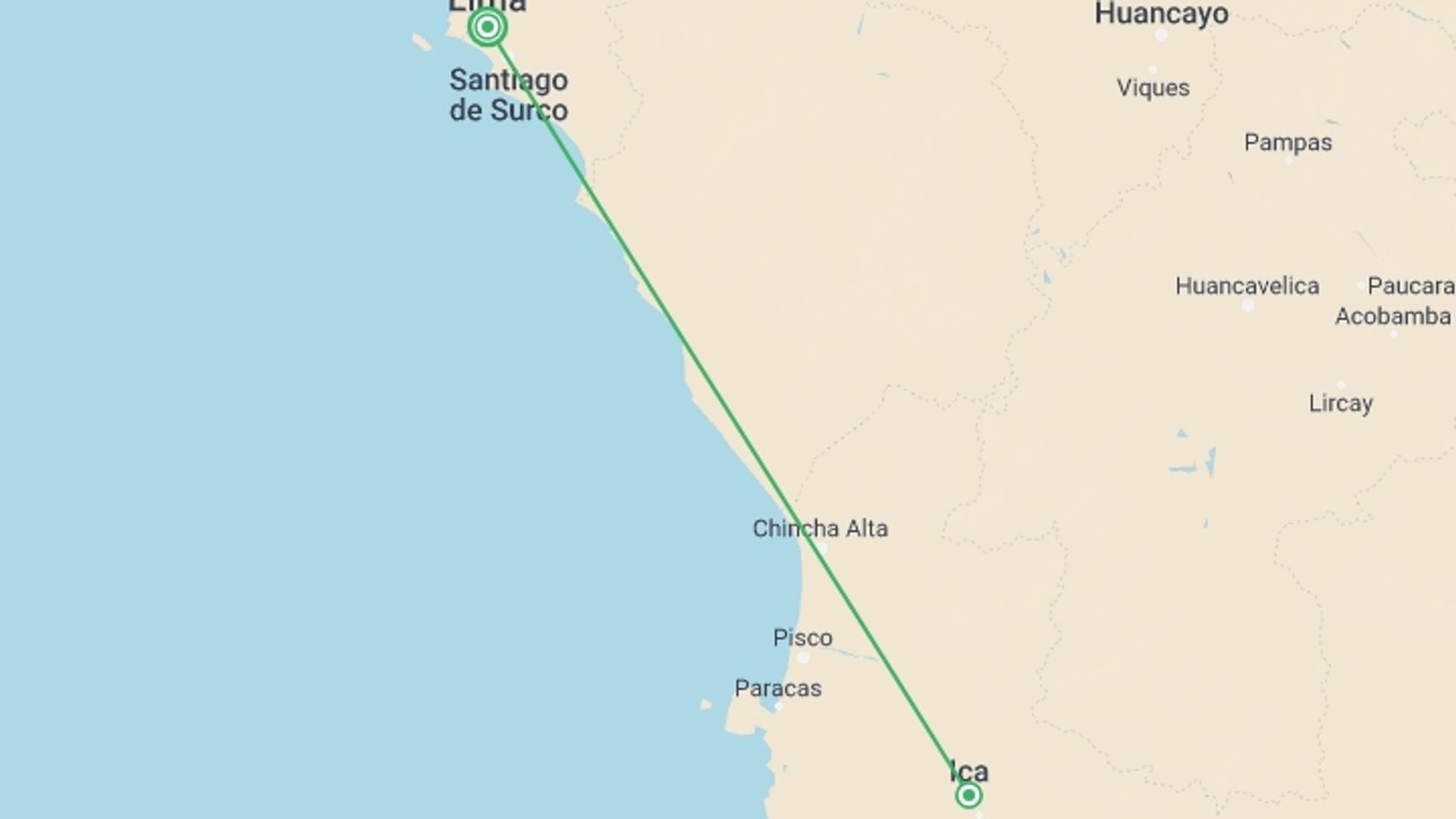 A map showing the tour itinerary for the trip: Dunes & Vineyards, starting in Lima, Peru and ending in Lima, Peru going through 1 other destinations.