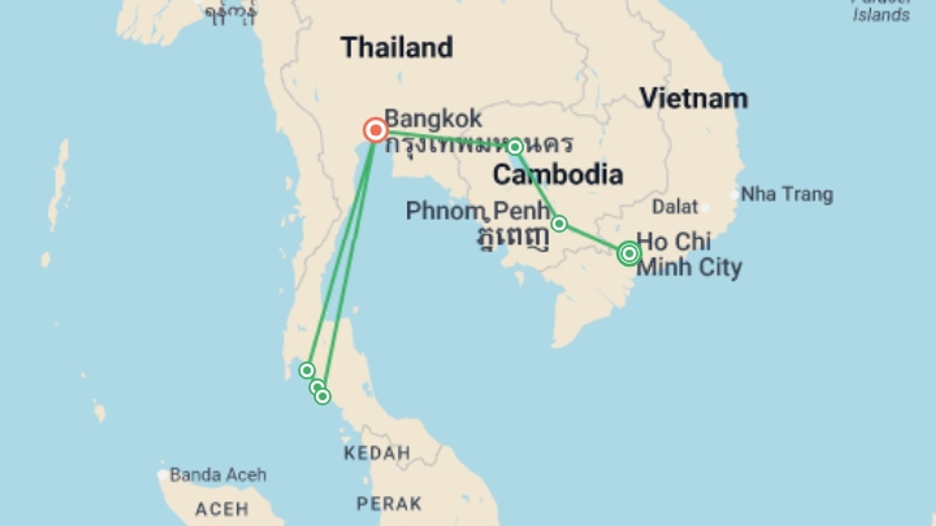A map showing the tour itinerary for the trip: Classic Cambodia and Thai Islands – West Coast, starting in Ho Chi Minh City, Vietnam and ending in Bangkok, Thailand going through 5 other destinations.