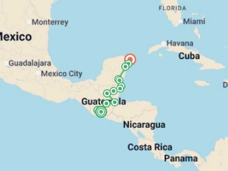 Map itinerary of Panajachel Tour in November 2026 with 14 destination visits for the trip: Antigua to Cancun Travel Pass