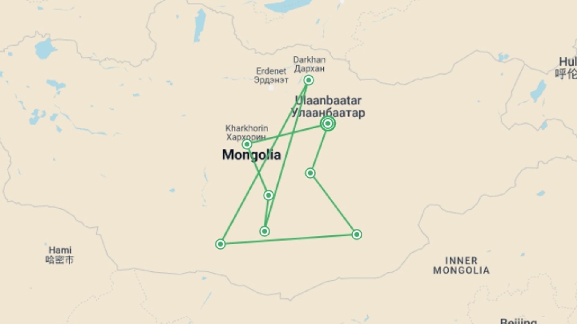 A map showing the tour itinerary for the trip: Mongolian Odyssey: Gobi Trails 10 Days, starting in Ulaanbaatar, Mongolia and ending in Ulaanbaatar, Mongolia going through 8 other destinations.