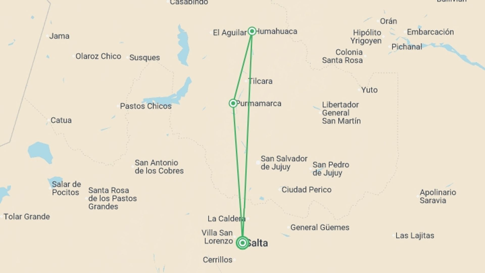 A map showing the tour itinerary for the trip: Salta Desert Explorer 5D/4N, starting in Salta, Argentina and ending in Salta, Argentina going through 2 other destinations.