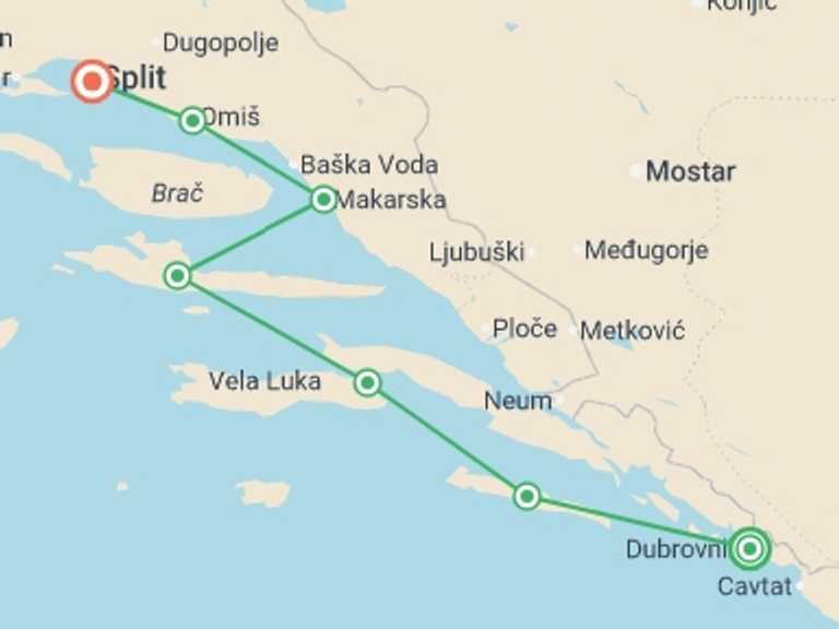 Map of Croatia Sailing, yachting and motor boating Tour with 7 destination visits for the trip: Croatia Sailing Adventure 8D/7N (Dubrovnik to Split)