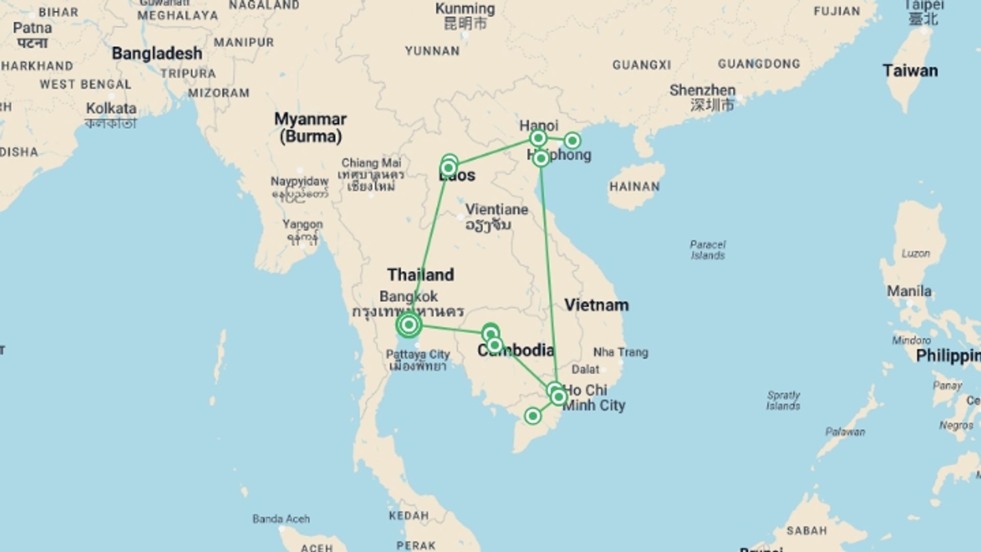 A map showing the tour itinerary for the trip: Essential Indochina 16 Days (Start & End in Bangkok), starting in Bangkok, Thailand and ending in Bangkok, Thailand going through 7 other destinations.