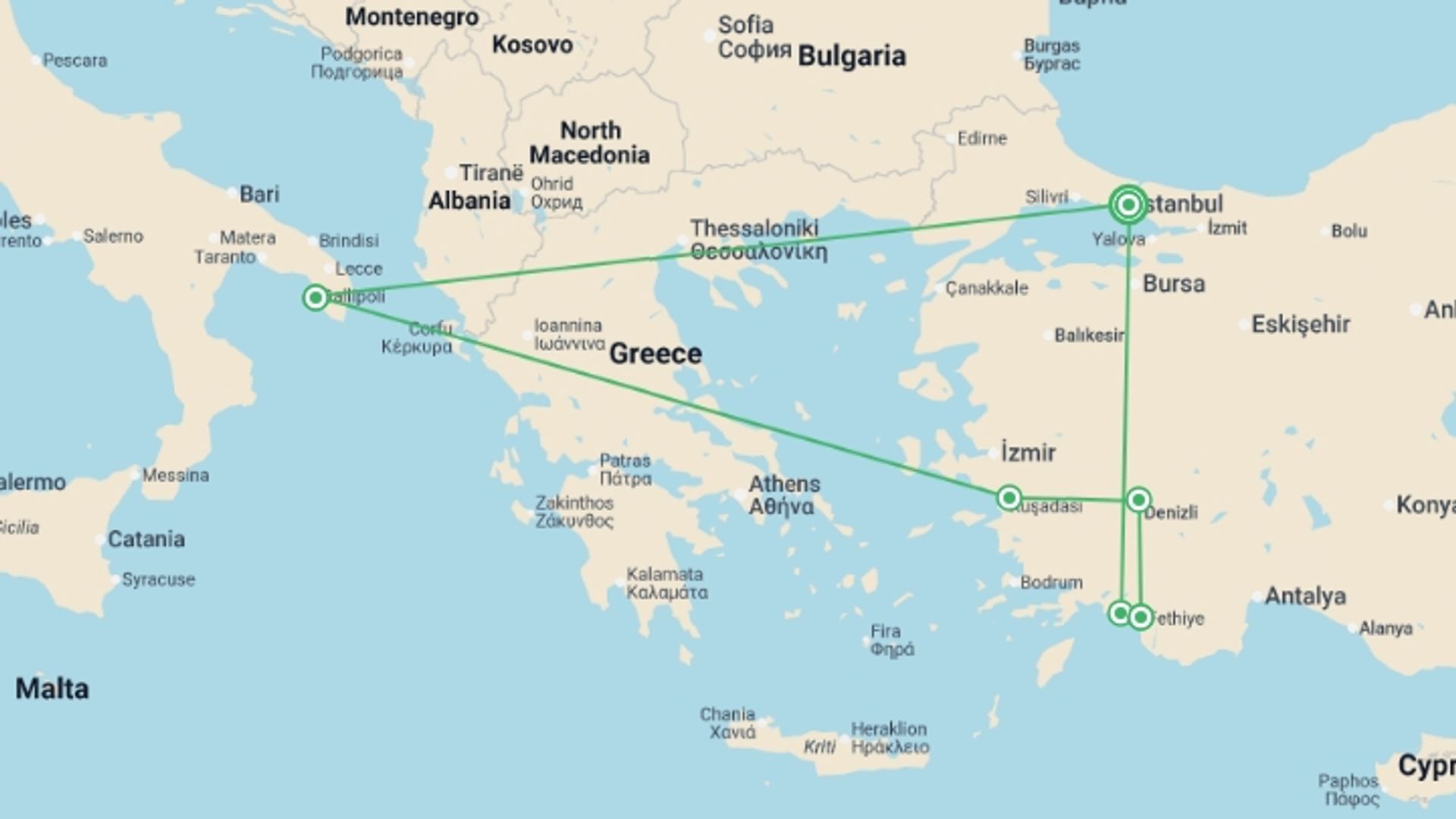 A map showing the tour itinerary for the trip: Aegean Explorer&blue Escape - 11 Days, starting in Istanbul, Turkey and ending in Istanbul, Turkey going through 5 other destinations.