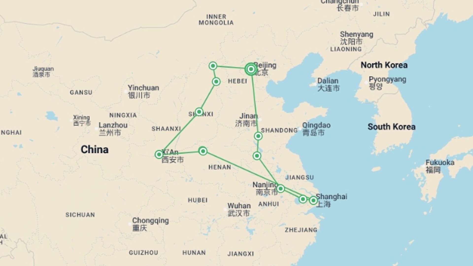 A map showing the tour itinerary for the trip: Great China, starting in Beijing, China and ending in Beijing, China going through 9 other destinations.