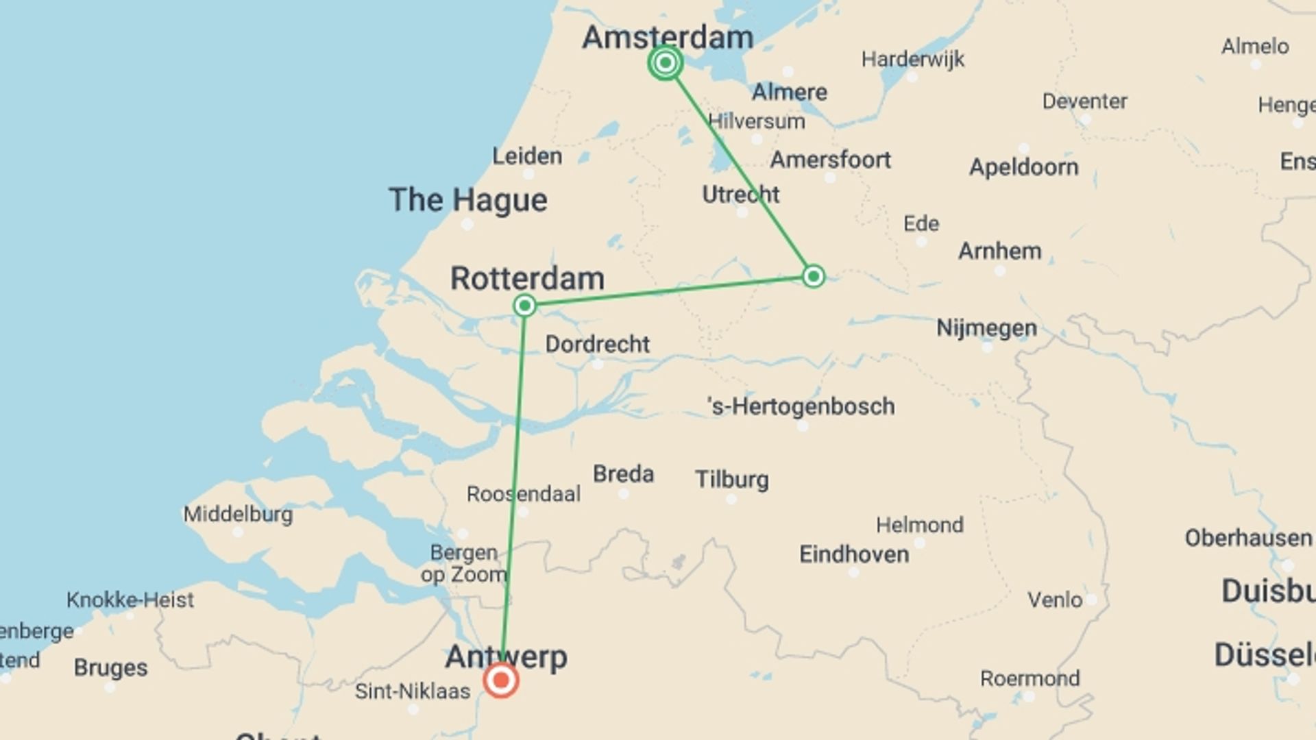 A map showing the tour itinerary for the trip: Springtime in Holland (port-to-port cruise), starting in Amsterdam, Holland and ending in Antwerp, Belgium going through 2 other destinations.