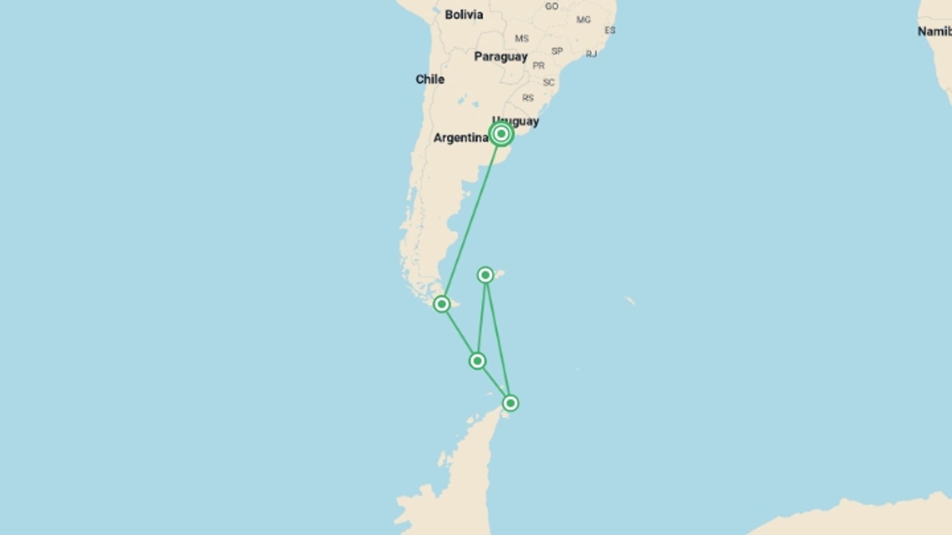 A map showing the tour itinerary for the trip: Antarctica by Helicopter: Icebergs, Mountains & Remote Lands, starting in Buenos Aires, Argentina and ending in Buenos Aires, Argentina going through 4 other destinations.