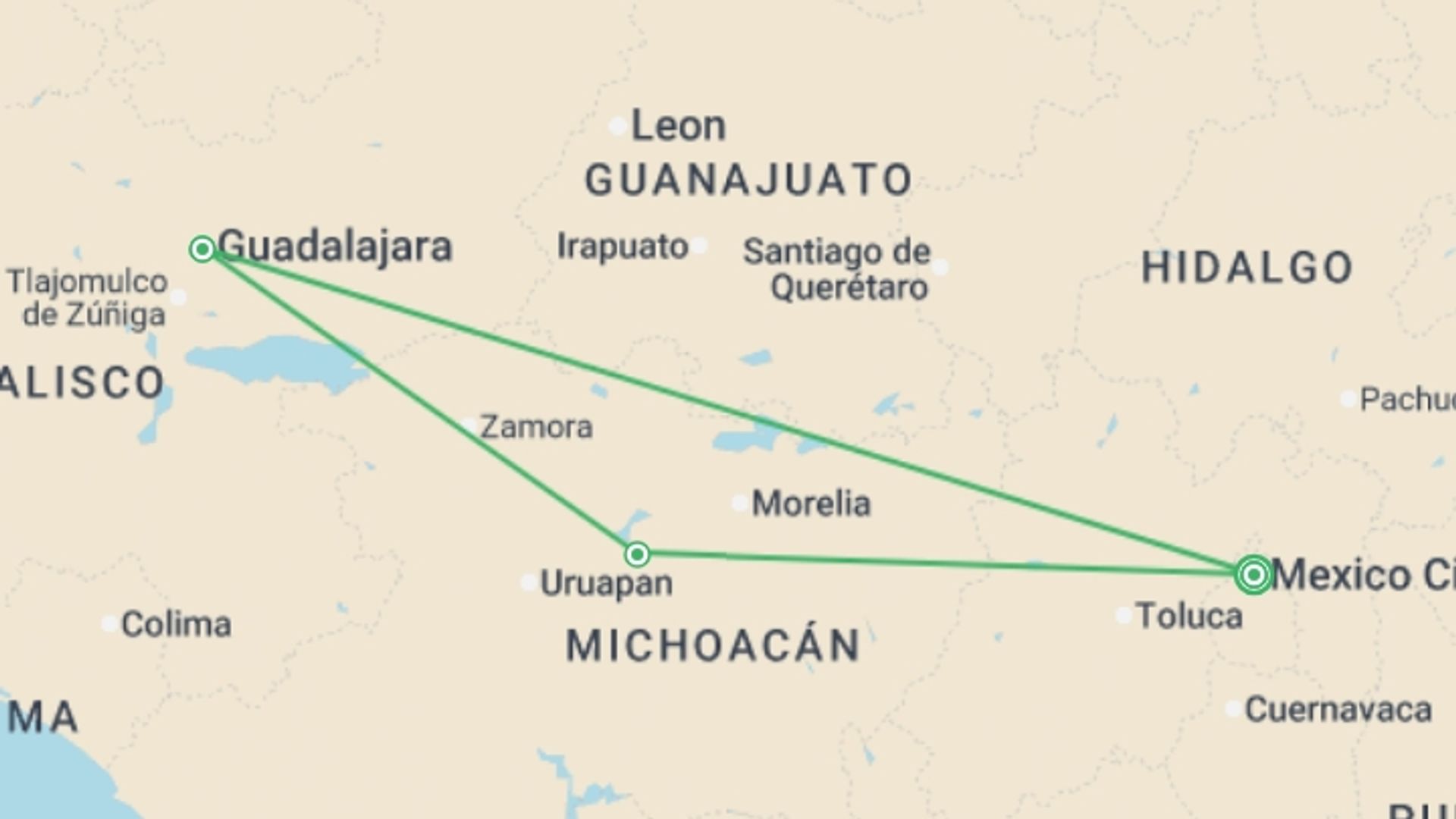 A map showing the tour itinerary for the trip: Capitals of Mexico, starting in Mexico City, Mexico and ending in Mexico City, Mexico going through 2 other destinations.
