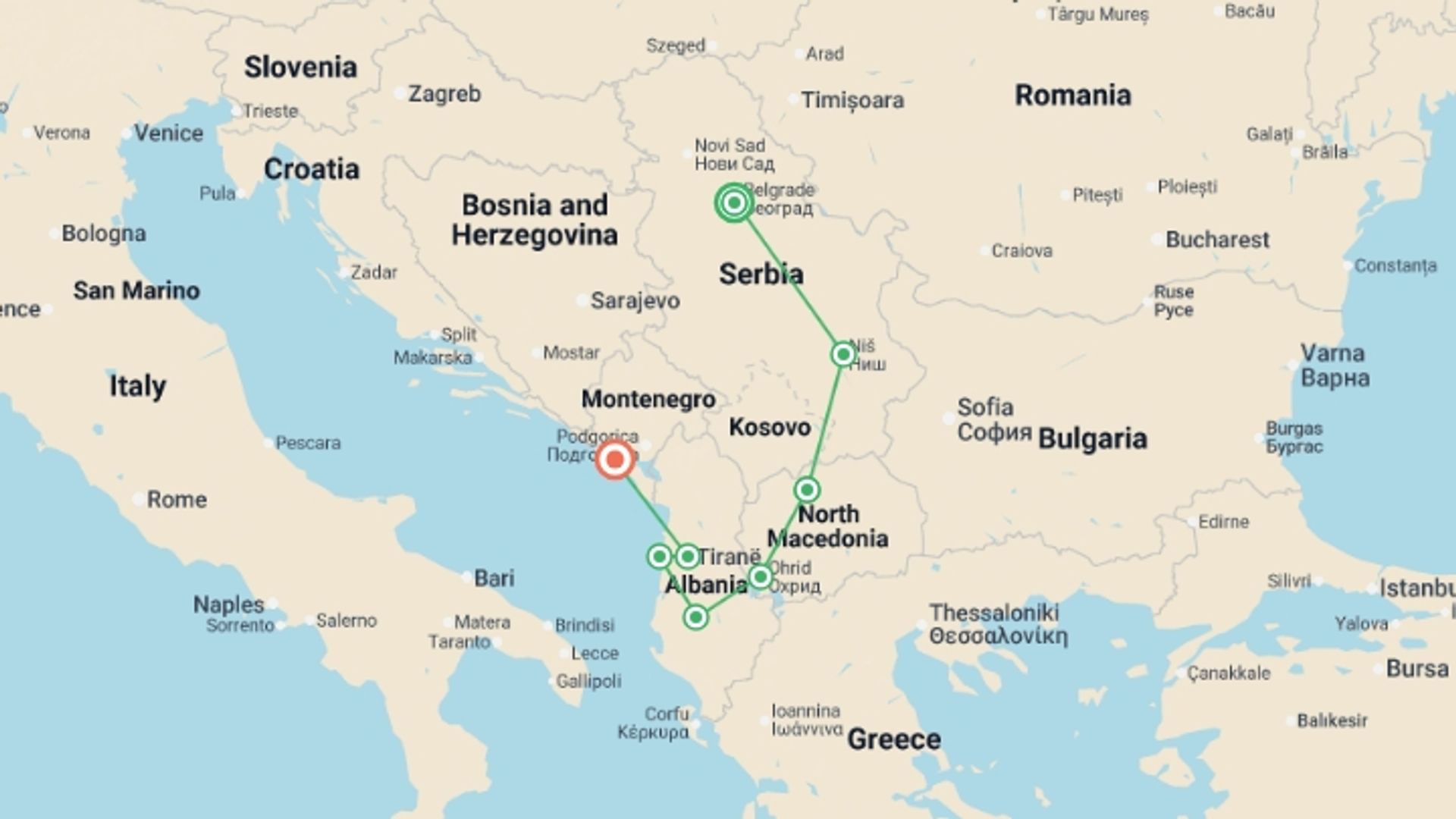 A map showing the tour itinerary for the trip: Belgrade to Budva (Superior) - 11 days, starting in Belgrade, Serbia and ending in Budva, Montenegro going through 5 other destinations.