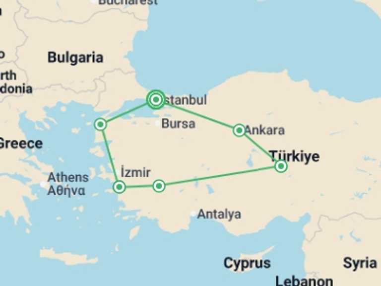 Map itinerary of Mediterranean Tour in Fall with 5 destination visits for the trip: Classical Turkey (5 Star) - 10 days