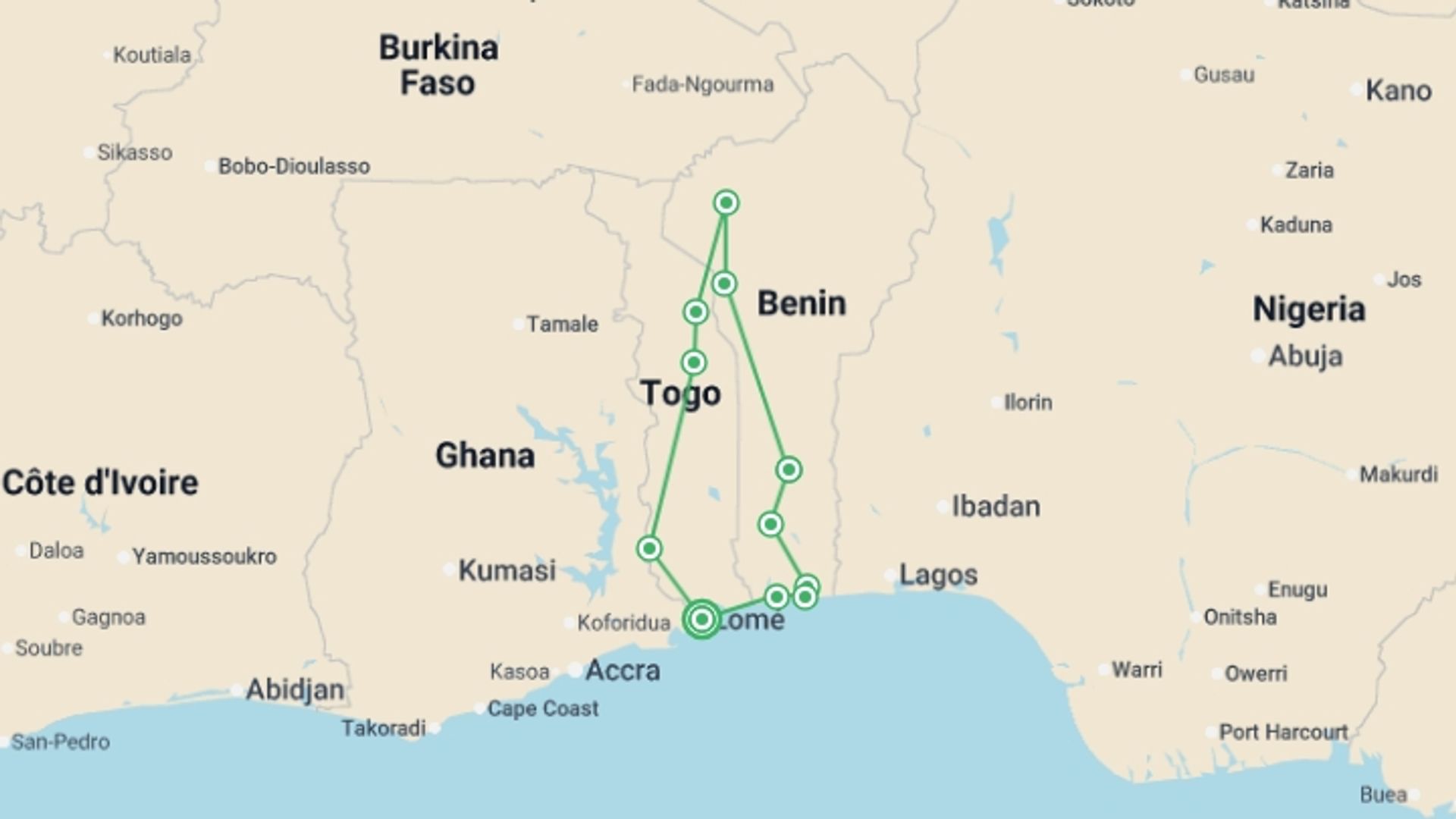 A map showing the tour itinerary for the trip: Benin and Togo Voodoo Discovery, starting in Lomé, Togo and ending in Lomé, Togo going through 10 other destinations.