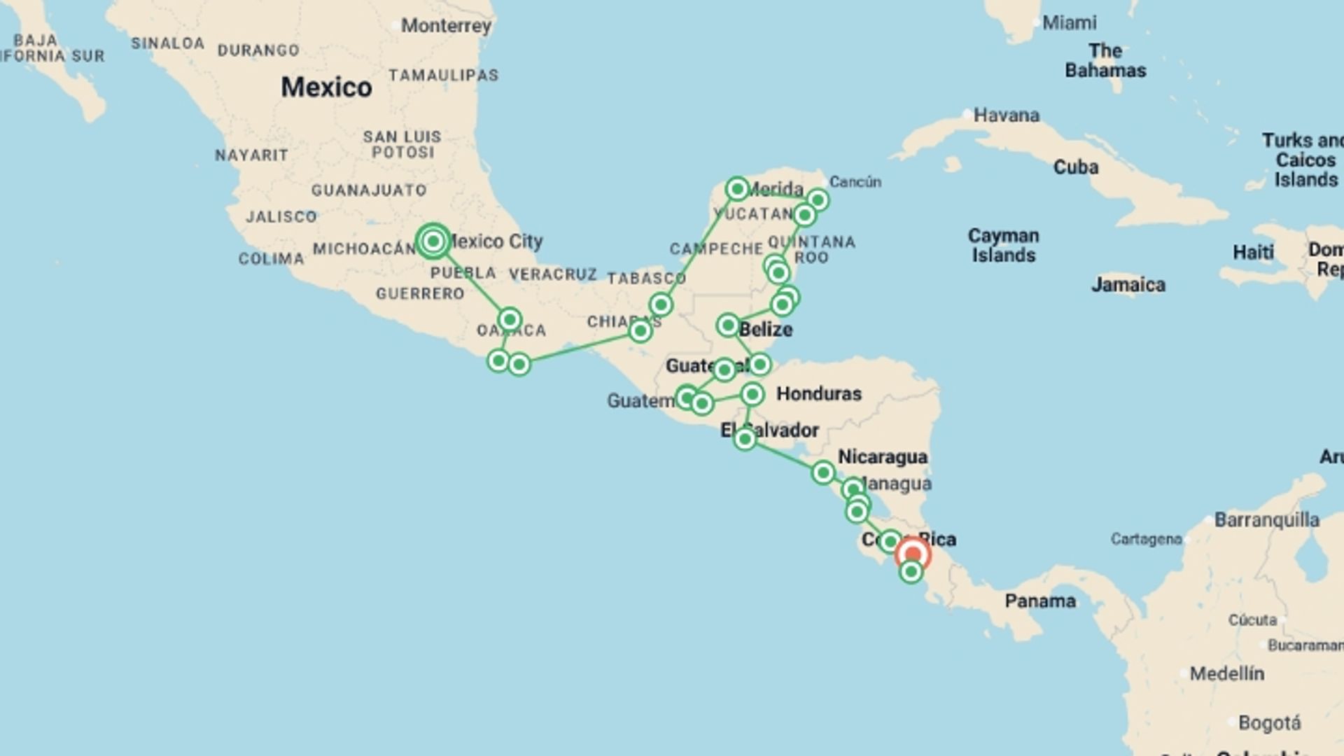 A map showing the tour itinerary for the trip: Mexico City to San Jose Travel Pass, starting in Mexico City, Mexico and ending in San Jose, Costa Rica going through 26 other destinations.