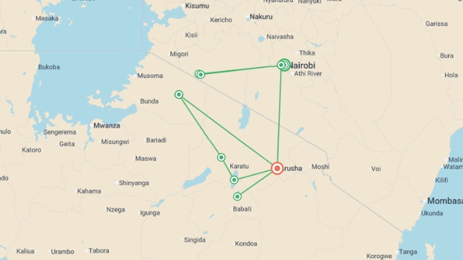 A map showing the tour itinerary for the trip: Kenya and Tanzania Safari, starting in Nairobi, Kenya and ending in Arusha, Tanzania going through 3 other destinations.
