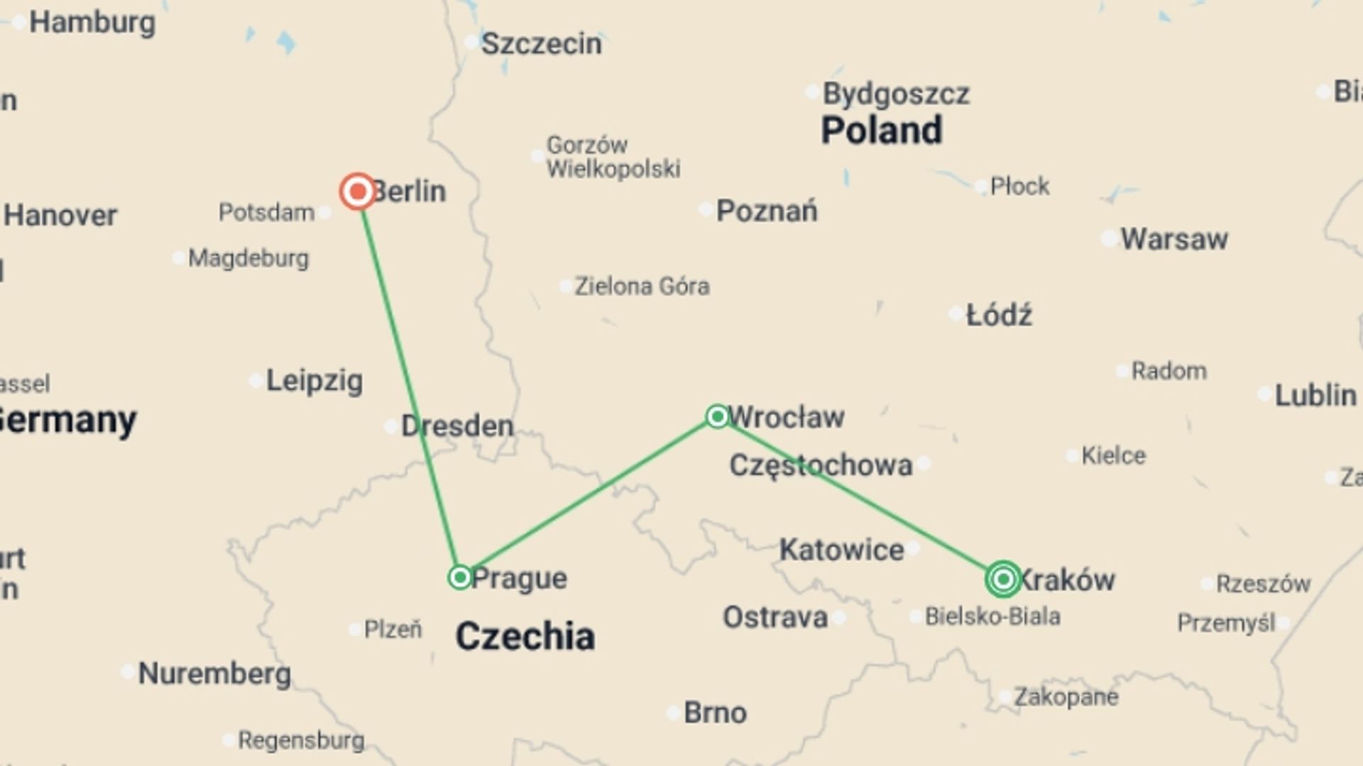 A map showing the tour itinerary for the trip: Christmas Markets of Poland, Prague and Germany, starting in Krakow, Poland and ending in Berlin, Germany going through 2 other destinations.