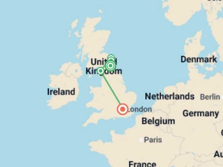 Map itinerary of Europe Tour in Fall with 6 destination visits for the trip: Hike Hadrian's Wall and the Lake District
