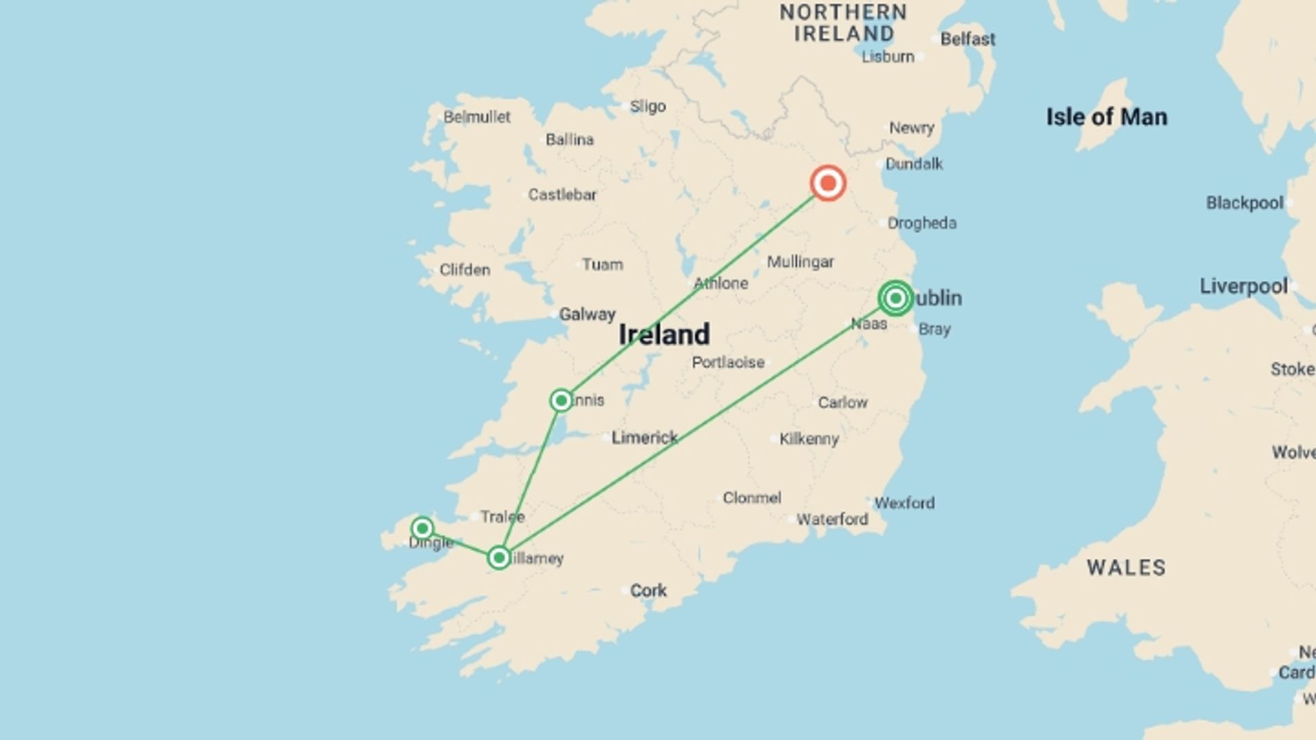 A map showing the tour itinerary for the trip: Irish Splendor , starting in Dublin, Ireland and ending in Kingscourt, Ireland going through 2 other destinations.