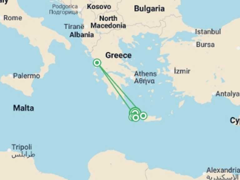 Map itinerary of Balkans Tour in October 2026 with 7 destination visits for the trip: Walking in Crete