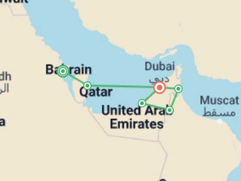 Map itinerary of Dubai Tour in December 2025 with 7 destination visits for the trip: Bahrain, Qatar, Dubai and Arab Emirates