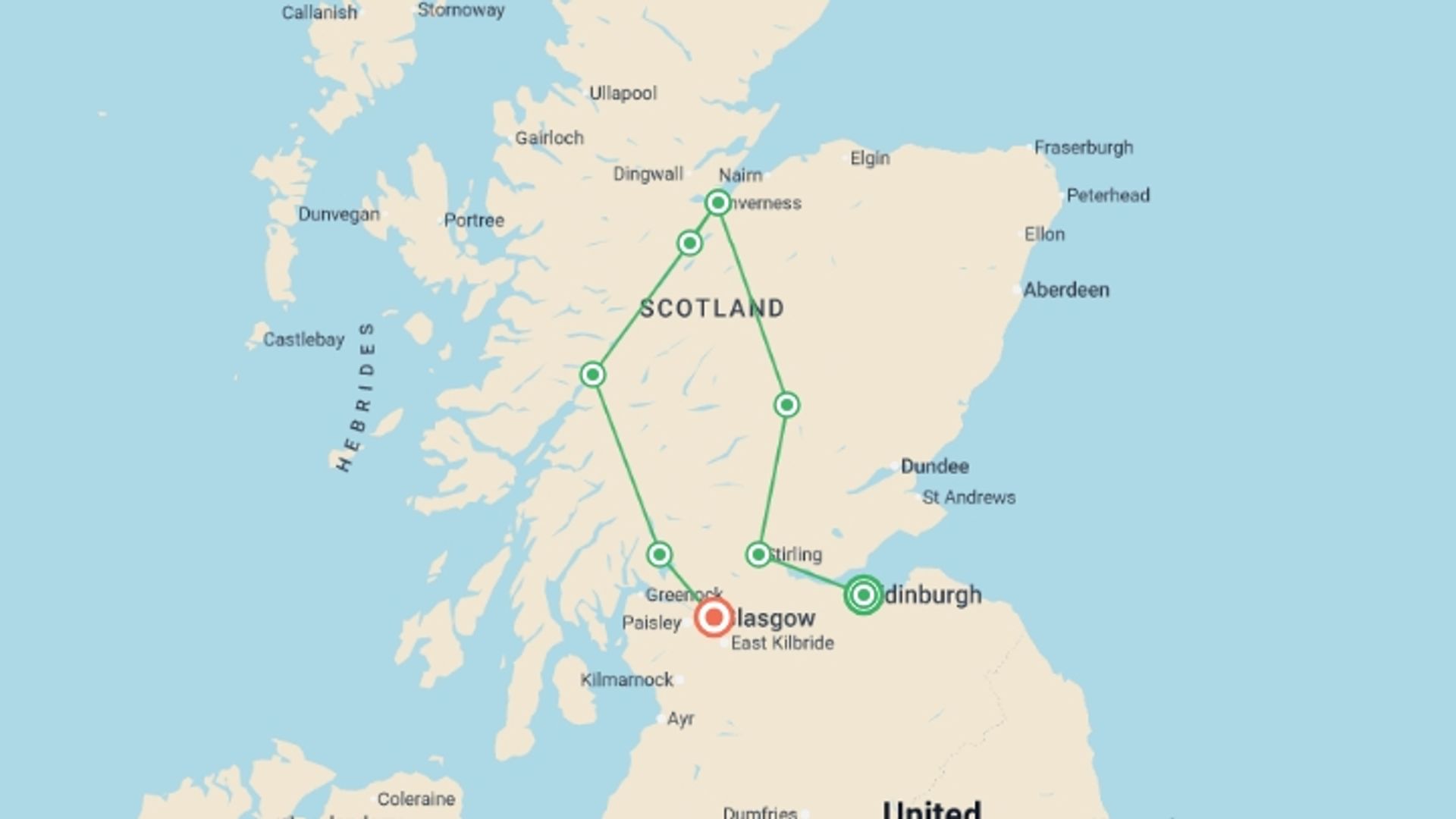 A map showing the tour itinerary for the trip: Essential Scotland, starting in Edinburgh, Scotland and ending in Glasgow, Scotland going through 1 other destinations.