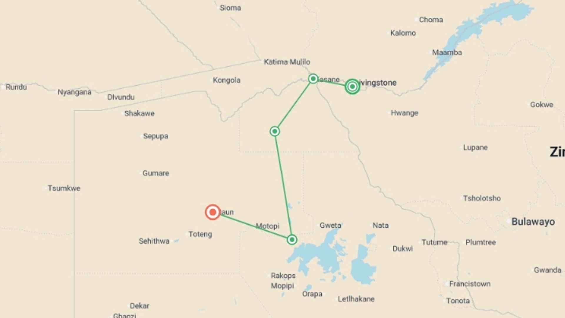A map showing the tour itinerary for the trip: Botswana Family Safari Comfort, starting in Victoria Falls, Zimbabwe and ending in Maun, Botswana going through 3 other destinations.
