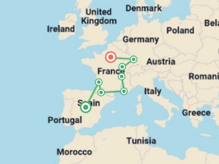 Map itinerary of Lyon Tour in February 2027 with 8 destination visits for the trip: Spain, south of France, Burgundy and Alsace
